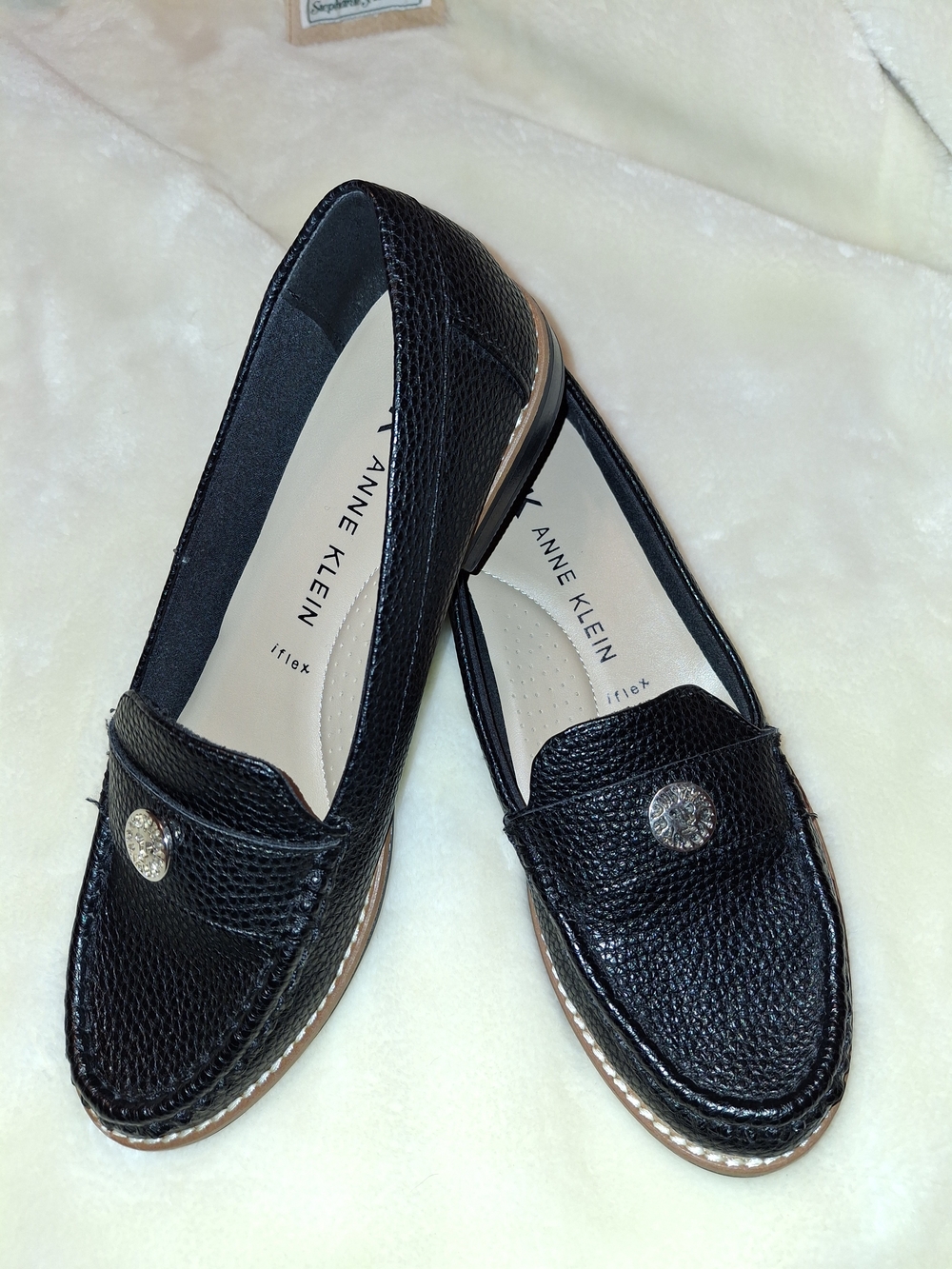 Anne Klein Navy Blue Textured Leather Loafers with Silver Emblem
